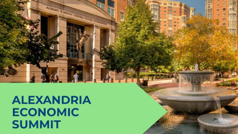 scenic photo of a courtyard with a graphic saying "alexandria economic summit"